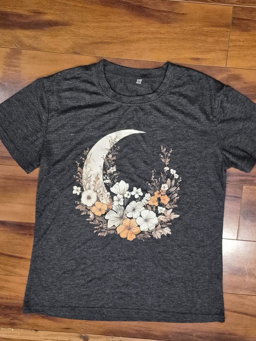 Floral Crescent Moon Graphic Tee - Charcoal with Cream & Peach Flowers